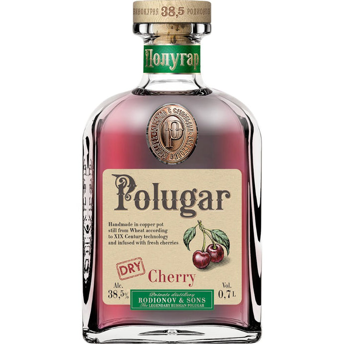 A 750mL bottle of Polugar Cherry Vodka, featuring a decorative label with cherries, indicates it’s dry with 38.5% ABV. The bottle has a gold cap and showcases the Polugar brand.