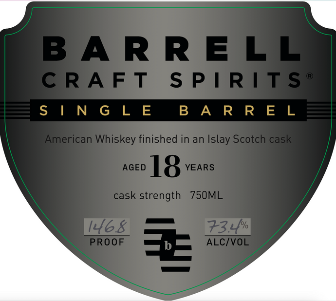 A shield-shaped label for barrell Barrell Craft Spirits 18 Year Old Single Barrel Cask Strength Islay Scotch Cask Finish, aged 18 years, 750ml, 146.8 proof (73.4% ABV).
