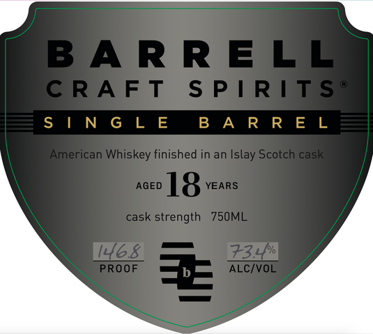 A shield-shaped label for barrell Barrell Craft Spirits 18 Year Old Single Barrel Cask Strength Islay Scotch Cask Finish, aged 18 years, 750ml, 146.8 proof (73.4% ABV).