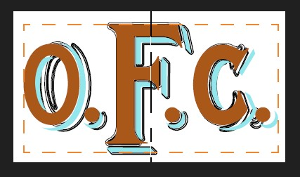 Large, brown 3D O.F.C. text with light blue shadows on white, outlined in black and orange dashed lines—a nod to the Buffalo Trace O.F.C. 2004 Vintage Bourbon Whiskey Ultra Rare Old Fashioned Copper Release.