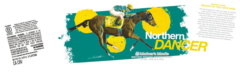 Load image into Gallery viewer, A vibrant label for Maker’s Mark “Northern Dancer” Limited Edition Bourbon Whisky 1L shows a painted racehorse and jockey with yellow circles, celebrating Northern Dancer’s enduring legacy in horse racing.
