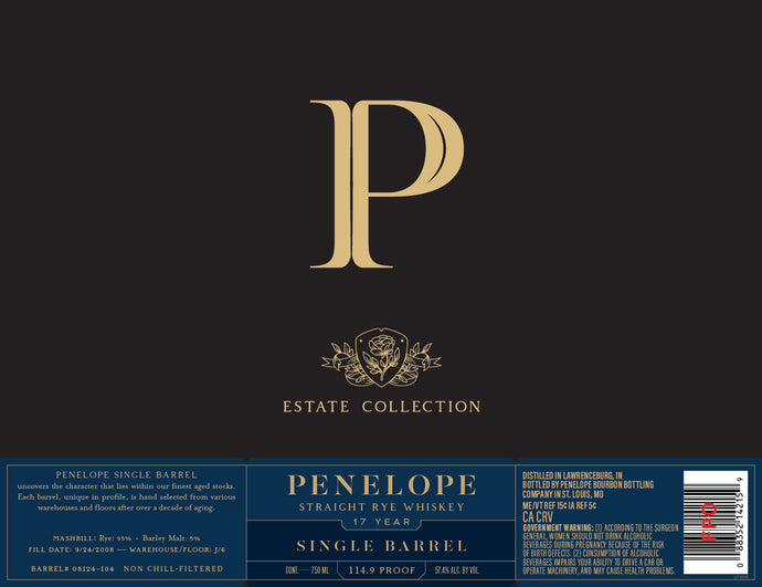 Penelope Estate Collection 17 Year Straight Rye Whiskey Single Barrel