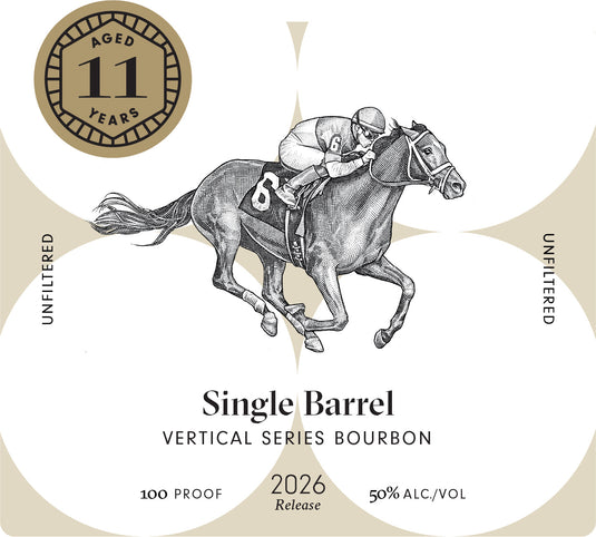 Illustration of horse and jockey racing, with a gold badge reading Aged 11 Years. Text includes Pinhook Single Barrel Vertical Series Bourbon 2026 Release, Pinhook Bourbon, Unfiltered Kentucky bourbon, 100 Proof (50% Alc./Vol.).