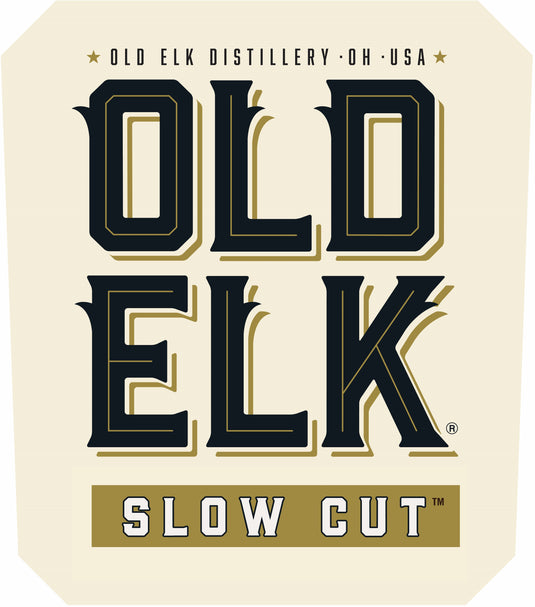 Label for Old Elk Bourbon featuring bold OLD ELK with SLOW CUT in a gold box underneath, highlighting their Wheated Bourbon Straight Bourbon Whiskey and OLD ELK DISTILLERY · OH · USA at the top.