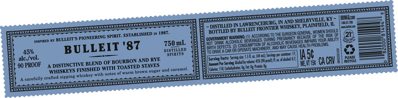 Load image into Gallery viewer, Blue label for Bulleit '87 Frontier Whiskey (Pre-Order), a 45% alc/vol bourbon and rye blend from Bulleit. 750ml bottle features product description, government warning, serving facts, recycling info. Black text on blue background.
