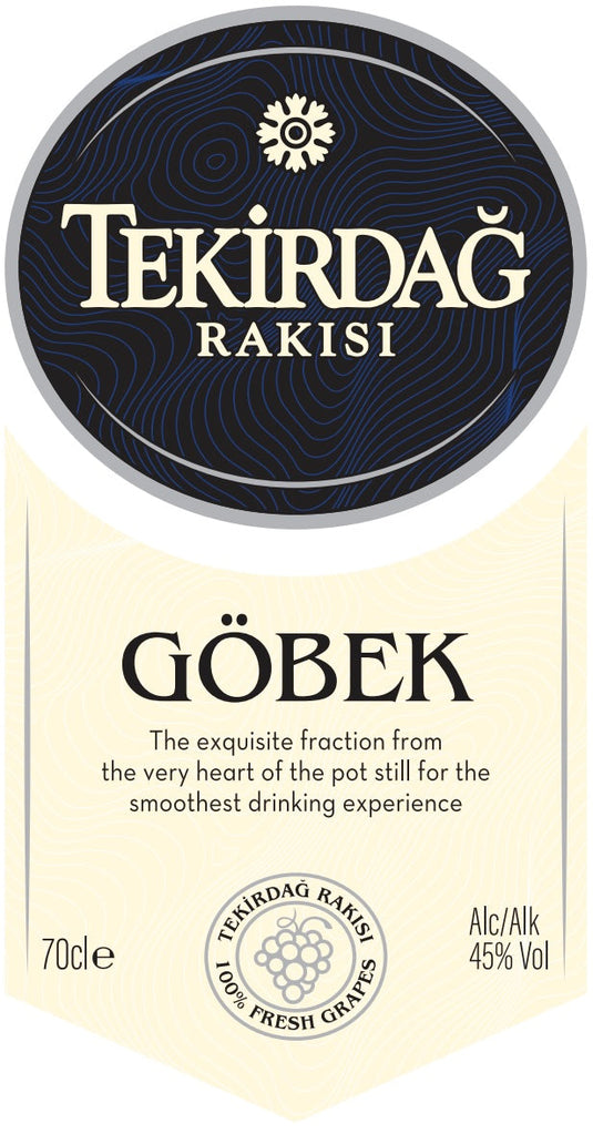 Tekirdag Rakısı Göbek Raki 700mL label: dark circular logo, gold text, sun emblem, cream background. 45% ABV, 700mL. “100% fresh grapes.” Represents the exquisite fraction of this premium Turkish anise spirit.
