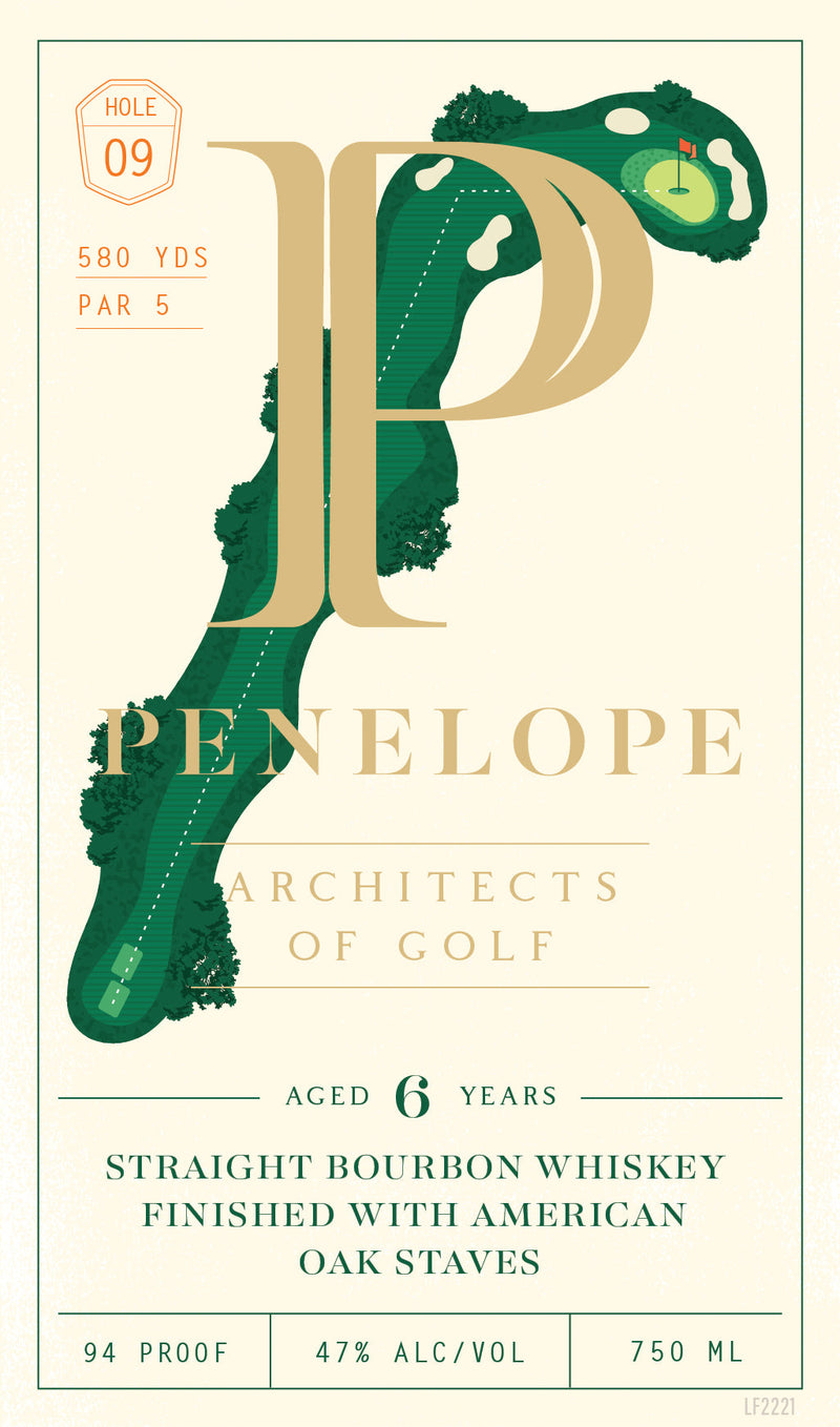 Load image into Gallery viewer, Penelope Bourbon’s Architects of Golf 6 Year Straight Bourbon Whiskey Hole 9 features a golf course label, the letter P, and is a limited release: 94 proof, 47% alc/vol, 750 ml.
