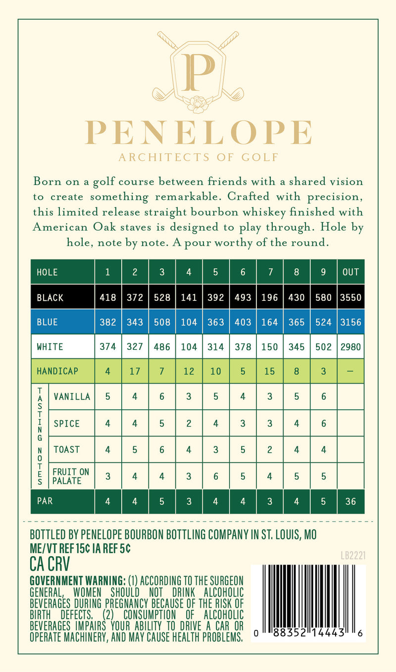 Load image into Gallery viewer, Back label of Penelope Bourbon Architects of Golf 6 Year Straight Bourbon Whiskey Hole 9, with tasting notes, a flavor intensity chart, whiskey description, and government warnings on a cream background with green and gold accents.
