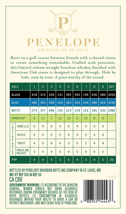 Back label of Penelope Bourbon Architects of Golf 6 Year Straight Bourbon Whiskey Hole 9, with tasting notes, a flavor intensity chart, whiskey description, and government warnings on a cream background with green and gold accents.