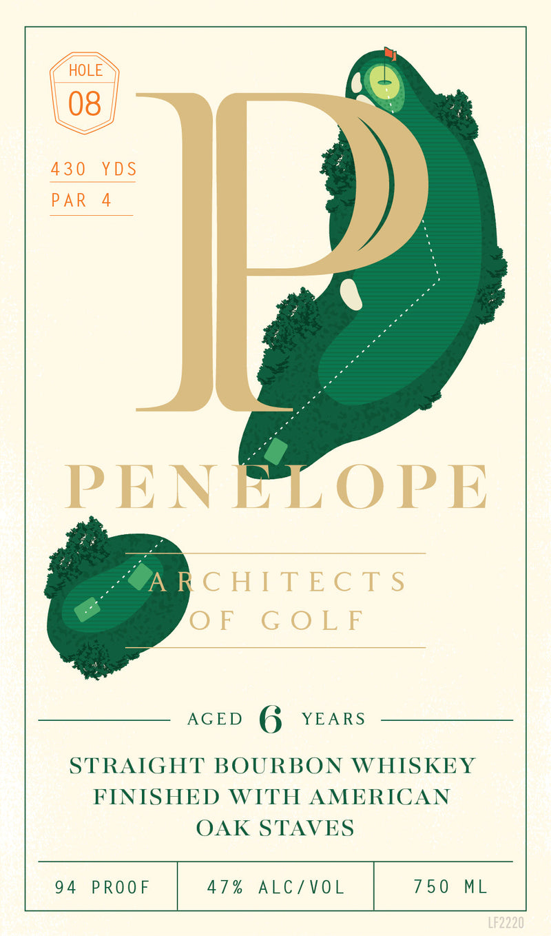 Load image into Gallery viewer, Stylized whiskey label with a golf course illustration and hole 8 details. Text highlights: Penelope Bourbon, Architects of Golf 6 Year Straight Bourbon Whiskey Hole 8, 94 proof, 47% alc/vol, 750 ml.

