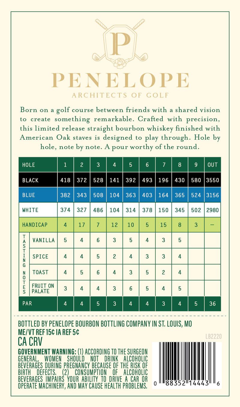 Load image into Gallery viewer, Back label of Penelope Architects of Golf 6 Year Straight Bourbon Whiskey Hole 8 by Penelope Bourbon, with tasting notes chart, description, barcode, government warning, and bottling info. Cream-colored with green and gold accents.
