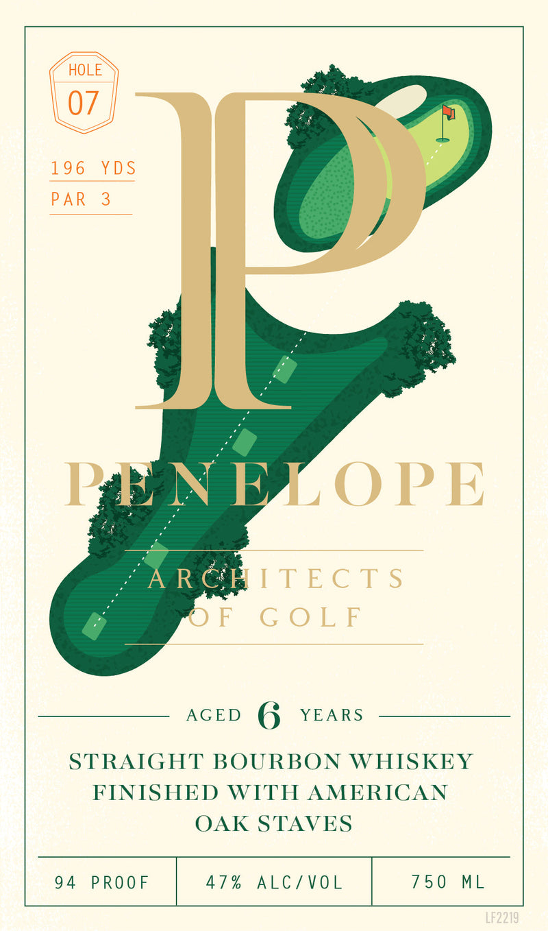 Load image into Gallery viewer, Penelope Bourbon’s Architects of Golf 6 Year Straight Bourbon Whiskey Hole 7 features a stylized label with a golf course illustration, is aged 6 years, bottled at 47% ABV (94 proof), 750ml, and finished with American oak staves—an ideal golf gift.
