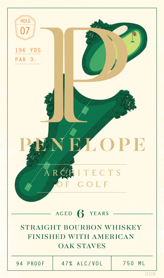 Penelope Bourbon’s Architects of Golf 6 Year Straight Bourbon Whiskey Hole 7 features a stylized label with a golf course illustration, is aged 6 years, bottled at 47% ABV (94 proof), 750ml, and finished with American oak staves—an ideal golf gift.