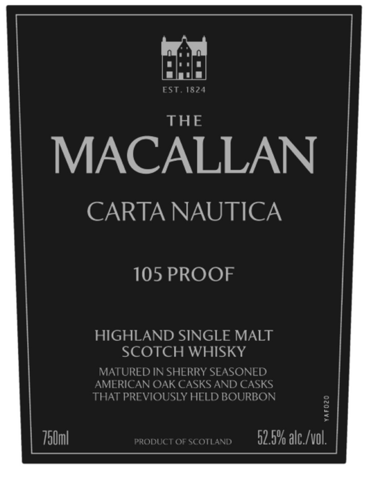 The Macallan Carta Nautica 105 Proof Highland Single Malt Scotch Whisky, 52.5% ABV, comes in a 750ml bottle with a black label, matured in sherry oak and bourbon casks by The Macallan.