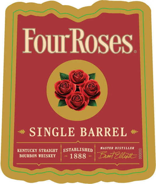 Label for Four Roses OBSO Single Barrel Bourbon by Four Roses, featuring a red background, gold text and trim, four red roses in a circle, and the phrases “Established 1888” and “Master Distiller Brent Elliott.”.