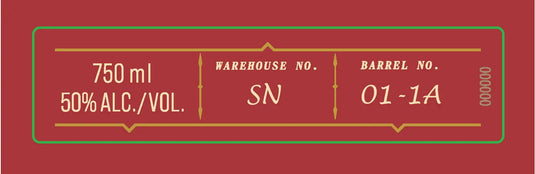 A maroon label with gold text shows: 750 ml, 50% ALC./VOL., WAREHOUSE NO.: SN, BARREL NO.: 01-1A—details of Four Roses OBSO Single Barrel Bourbon—framed by green borders and decorative lines.