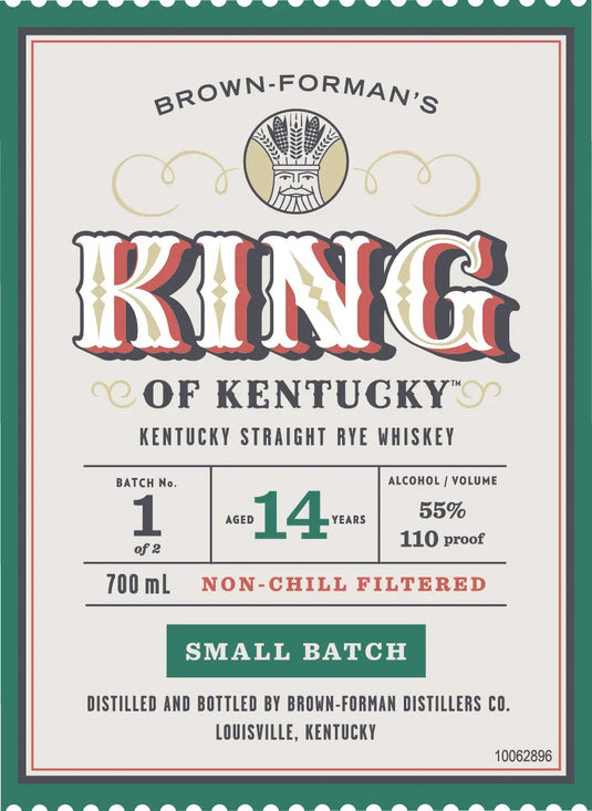 A vintage-style label for King of Kentucky 14 Year Old Small Batch Rye Whiskey Batch 1 (700mL) features 