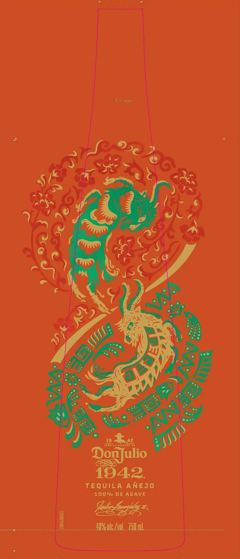 Load image into Gallery viewer, A vibrant orange background features a green, gold, and red dragon illustration celebrating Don Julio 1942 Tequila Anejo Year of the Goat 2027 Limited Edition (Pre-Order) by Don Julio Tequila, with collectible details displayed below.

