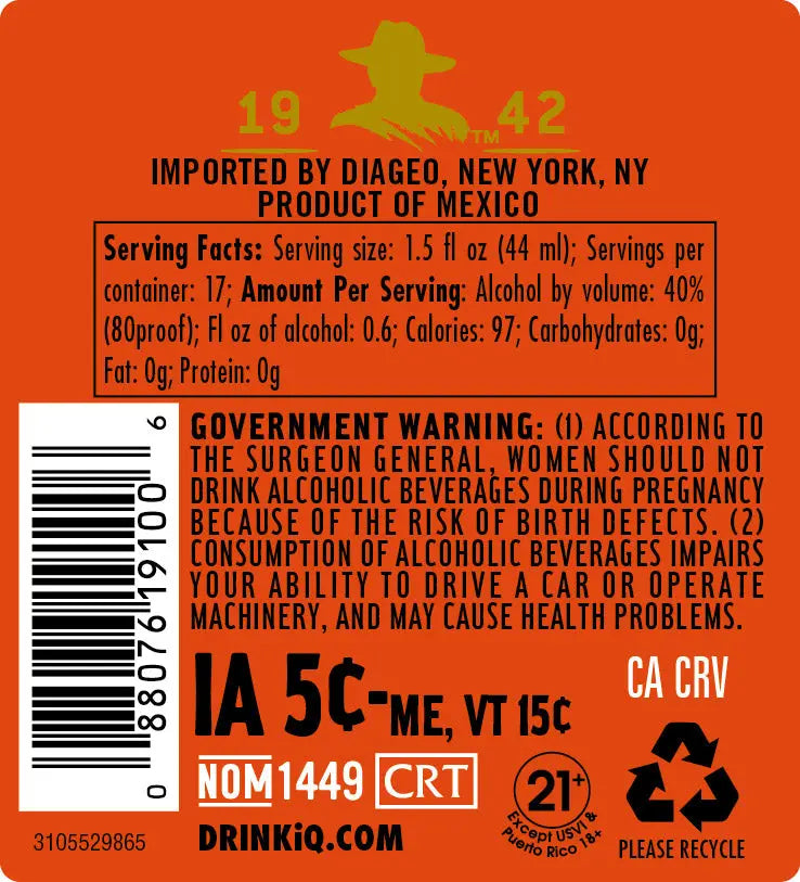 Load image into Gallery viewer, Orange label for Don Julio Privado Reposado Tequila 750mL (Pre-Order) by Don Julio Tequila, with barcode, 100% de agave info, gov alcohol and consumption warnings, serving facts, recycling info, "IMPORTED BY DIAGEO," and "PRODUCT OF MEXICO.
