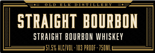 Label for Old Elk Bourbon 10 Year Wheated Bourbon Straight Bourbon Whiskey, 51.5% alcohol by volume, 103 proof, 750 ml, on a black and gold background with bold text. Celebrate craftsmanship with the distinguished taste of Old Elk Bourbon showcased in this sleek and striking design.