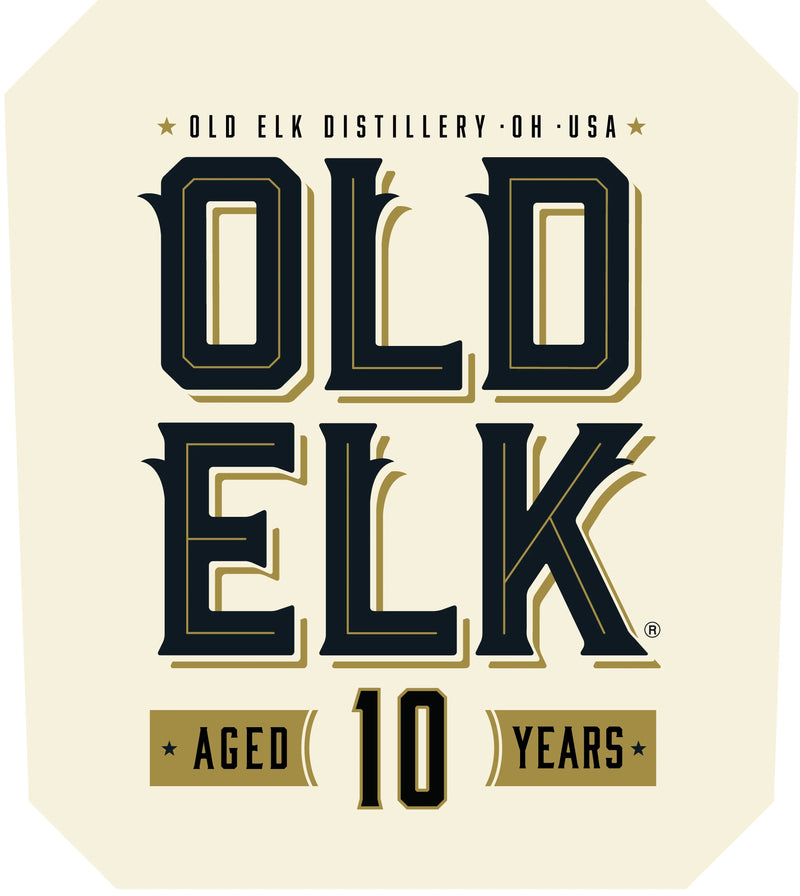 Load image into Gallery viewer, Featuring the distinguished Old Elk Bourbon label with striking "OLD ELK" lettering and “Aged 10 Years” beneath, this design highlights the remarkable Old Elk 10 Year Straight Wheat Whiskey. Prominently displayed at the top is "Old Elk Distillery · OH · USA." The cream background, accented with rich dark and gold tones, provides an elegant backdrop that honors the heritage and premium craftsmanship behind this finely aged wheat whiskey.

