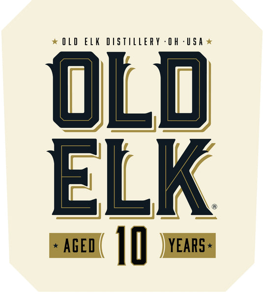 Featuring the distinguished Old Elk Bourbon label with striking "OLD ELK" lettering and “Aged 10 Years” beneath, this design highlights the remarkable Old Elk 10 Year Straight Wheat Whiskey. Prominently displayed at the top is "Old Elk Distillery · OH · USA." The cream background, accented with rich dark and gold tones, provides an elegant backdrop that honors the heritage and premium craftsmanship behind this finely aged wheat whiskey.