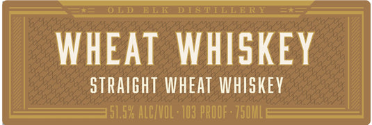 Label for Old Elk Bourbon 10 Year Straight Wheat Whiskey, highlighting its status as a premium straight wheat whiskey with 51.5% alcohol by volume (103 proof) in a 750ml bottle. Showcased on a brown and gold background, this exceptional aged whiskey reflects the quality and character of Old Elk Bourbon.