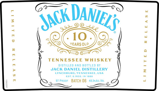The Jack Daniel’s 10 Year Old Tennessee Whiskey Batch 06 700mL showcases elegant gold and blue lettering on an ornate label, highlighting its distinction as a limited release from the renowned Jack Daniel's brand. Distilled by Jack Daniel Distillery and bottled at 97 proof (48.5% ABV), this rare offering from Batch 06 is a prized addition for any whiskey collector looking for something truly exceptional.