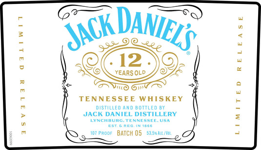Jack Daniel's 12 Year Old Tennessee Whiskey Batch 05 (700mL), a limited release from Jack Daniel's, bottled at 53.5% alc/vol (107 proof) and distilled in Lynchburg, Tennessee, features distinctive gold and blue accents.