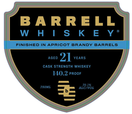 A black and gold Barrell Craft Spirits label reads Barrell 21 Year Old Canadian Whiskey Apricot Brandy Finish—aged 21 years, bottled at cask strength with an intense 140.2 proof (70.1% ALC/VOL) in a 750ml bottle, boasting a remarkable apricot brandy barrel finish.