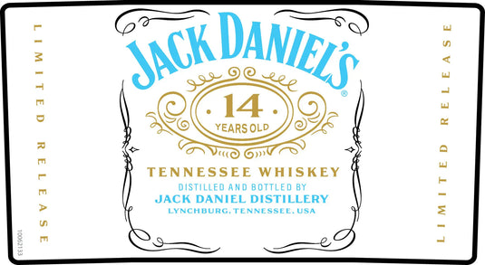 The label of Jack Daniel’s 14 Year Old Batch Proof Tennessee Whiskey Batch 03 700mL features elegant gold and blue lettering with decorative gold accents, proudly highlighting its limited release status. The words “LIMITED RELEASE” appear vertically on both sides, underscoring the exclusivity of this batch proof whiskey from Jack Daniel's.