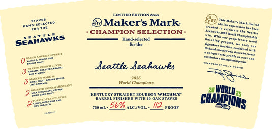 Introducing the Maker’s Mark Champion Selection Seattle Seahawks 2025 Bourbon—a limited edition release from Maker’s Mark celebrating the Seattle Seahawks as 2025 World Champions. This commemorative whiskey showcases unique bourbon details, the official Seahawks logo, and celebratory text, all presented in vibrant blue, gold, and red accents.