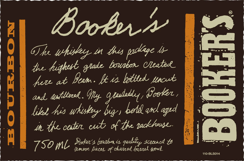 Load image into Gallery viewer, The label for Booker's The Reserves Spring Release 2027 Bourbon 750mL features handwritten-style text highlighting its high-grade, uncut Kentucky Straight Bourbon Whiskey, aged in the center of the rackhouse. Designed with orange and cream lettering on a brown background and decorative borders, this limited edition bourbon from Booker's showcases signature craftsmanship and a distinctive appearance.
