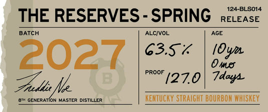 Booker's The Reserves Spring Release 2027 Bourbon 750mL – a limited release Kentucky Straight Bourbon Whiskey from Booker's, batch 2027, bottled at 63.5% alc/vol (127.0 proof), aged for 10 years, 0 months, and 7 days, and signed by the master distiller.