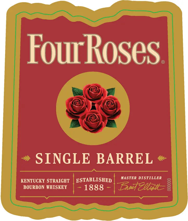 Load image into Gallery viewer, Featuring a red Four Roses label with a gold border and four red roses at the center, the Four Roses OBSQ Single Barrel Bourbon Whiskey 750mL showcases "Four Roses Single Barrel," "Kentucky Straight Bourbon Whiskey," "Established 1888," and Master Distiller Brent Elliott on its packaging. This distinguished bourbon exemplifies the rich heritage and craftsmanship of Four Roses.

