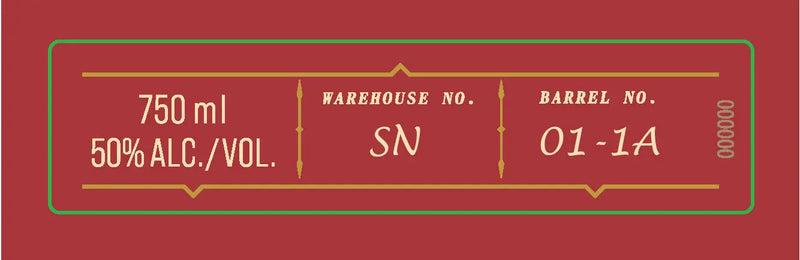 Load image into Gallery viewer, A red label featuring gold text and decorative lines displays "750 mL, 50% ALC./VOL., WAREHOUSE NO. SN, and BARREL NO. 01-1A"—crafted exclusively for Four Roses’ OBSQ Single Barrel Bourbon Whiskey.
