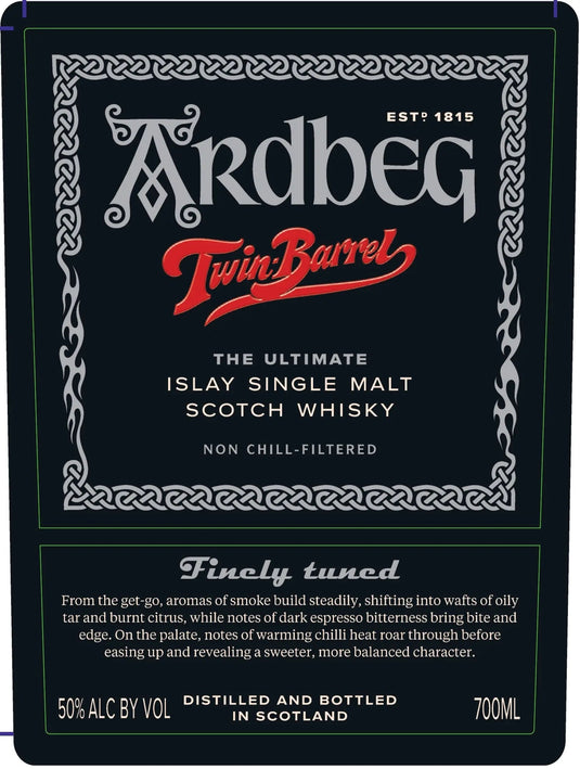 A black label for Ardbeg Twin Barrel Islay Single Malt Scotch Whisky 700mL, adorned with intricate silver patterns and red and white lettering, presents tasting notes that emphasize the bold character of this peated whisky. The label displays 50% ABV and a 700mL bottle size.