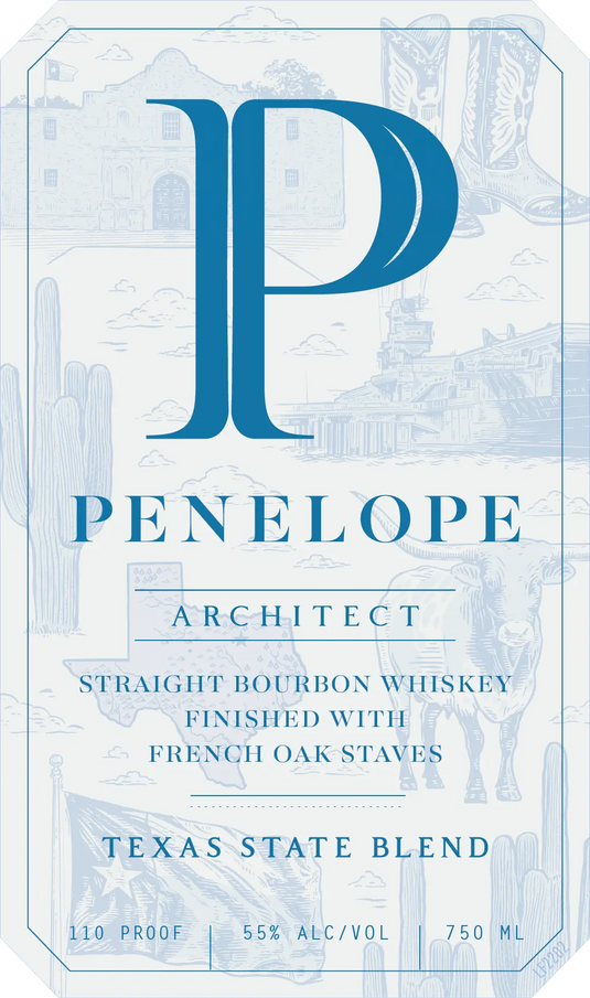 Penelope Bourbon Architect Private Build Texas State Blend Bourbon 750mL features a white label with blue illustrations—a prominent "P," cowboy boots, a mission, cacti, and a longhorn. The label reads: Penelope Architect Texas State Blend—a high-proof straight bourbon at 55% alc/vol—finished in French oak and crafted for bold character.