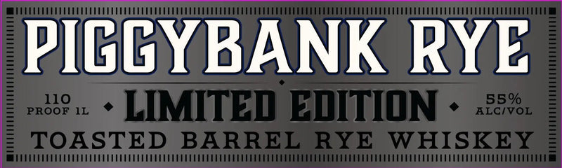 Load image into Gallery viewer, The label for WhistlePig PiggyBank Rye 10 Year Limited Edition Toasted Barrel Rye Whiskey 1L reads: WhistlePig PiggyBank Rye 10 Year Limited Edition Toasted Barrel Rye Whiskey. 110 Proof. 1L. 55% Alc/Vol. Black and white text on a metallic background.
