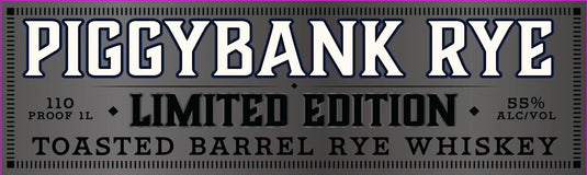 The label for WhistlePig PiggyBank Rye 10 Year Limited Edition Toasted Barrel Rye Whiskey 1L reads: WhistlePig PiggyBank Rye 10 Year Limited Edition Toasted Barrel Rye Whiskey. 110 Proof. 1L. 55% Alc/Vol. Black and white text on a metallic background.