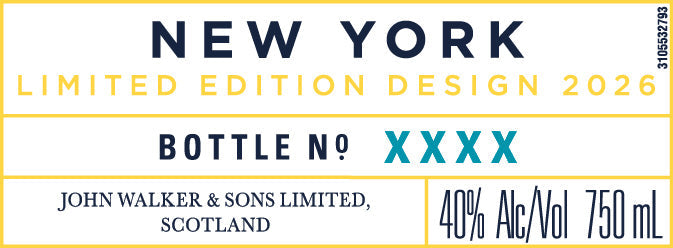 Load image into Gallery viewer, The label states: Johnnie Walker Blue Label New York Limited Edition 2026, by Johnnie Walker. Rare Scotch whisky. 40% Alc/Vol, 750 mL. Bottle number listed; vertical serial number on the right. Crafted by John Walker &amp; Sons Limited, Scotland.
