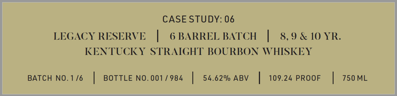 Load image into Gallery viewer, A beige label for Frank August Case Study: 06 Legacy Reserve, a limited Kentucky Straight Bourbon (8, 9 &amp; 10 yr), batch 1 of 6, bottle 001/984; 54.62% ABV (109.24 proof), 750ml, from Frank August.
