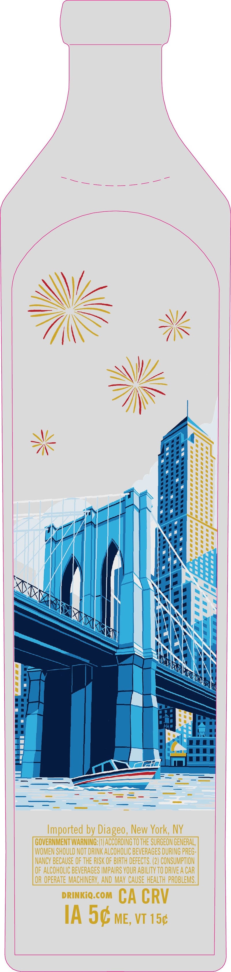 Load image into Gallery viewer, Illustration of the Johnnie Walker Blue Label New York Limited Edition 2026 bottle with the Brooklyn Bridge, city skyline, a boat, fireworks, and brand plus legal text at the bottom.
