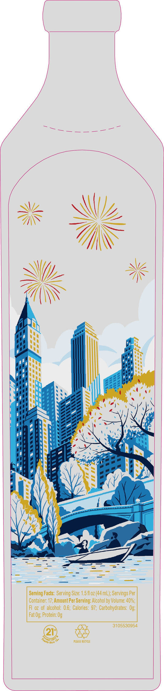 The Johnnie Walker Blue Label New York Limited Edition 2026 bottle features illustrations of a city skyline, fireworks, autumn trees, and a bridge over a river, with nutritional info printed at the bottom.