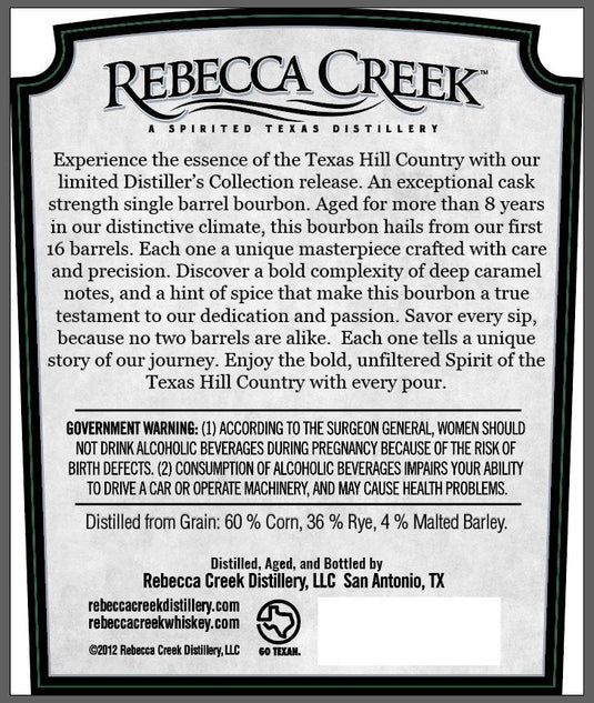 Rebecca Creek Distiller’s Collection Bourbon Whiskey Single Barrel Cask Strength - Main Street Liquor