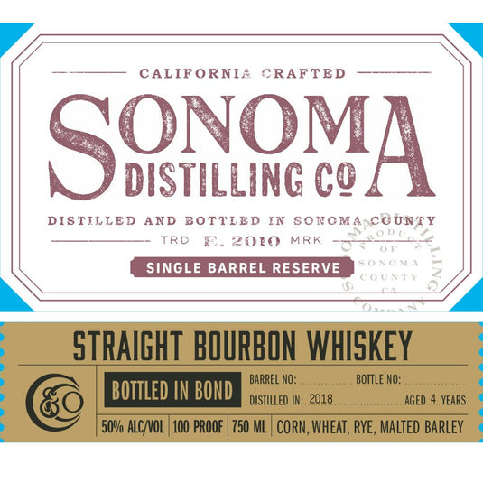 Sonoma Single Barrel Reserve Bottled in Bond Straight Bourbon - Main Street Liquor