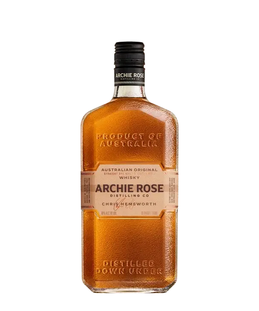 A rectangular glass bottle of Archie Rose Australian Original Whisky with a black screw cap and a central tan paper label.