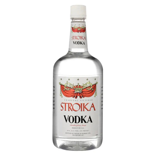 A 1.75L bottle of Stroika Vodka, crafted by Stroika, comes in clear glass with a white and red label adorned with gold accents and a decorative crest, sealed with a white cap. Expertly charcoal filtered, this vodka offers exceptional smoothness and purity.