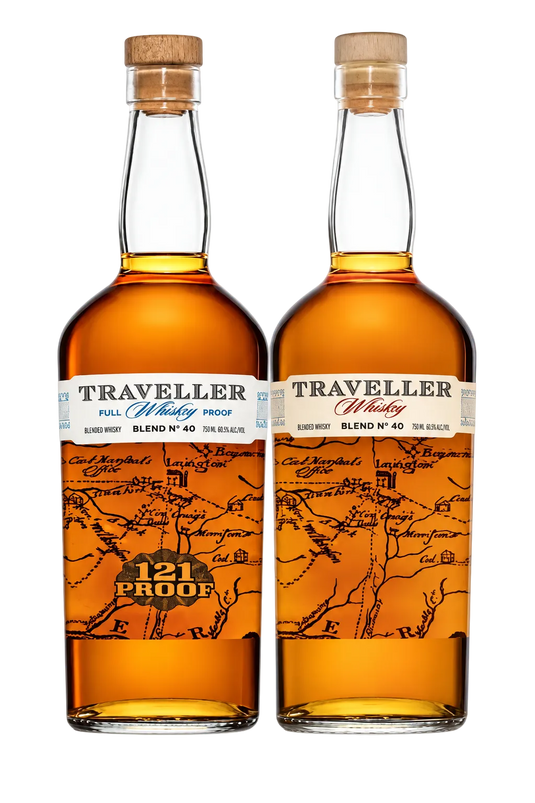 The Traveller Whiskey Bundle: Original & Full Proof by The Traveller Whiskey features two bottles adorned with distinctive map designs on their labels and cork stoppers. The left bottle, labeled Full Proof 121 Proof, highlights its bold character, while the right bottle is marked Blend No 40 84 Proof.