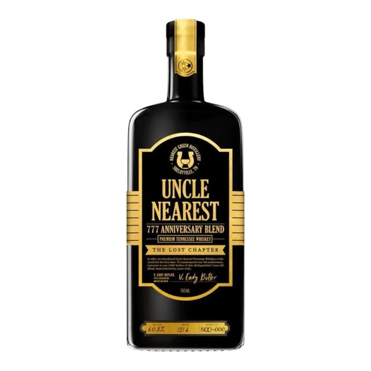 A black bottle of Uncle Nearest The Lost Chapter 777 Anniversary Blend Tennessee whiskey with gold and white label accents, a gold horse logo, and “The Lost Chapter” text—a true limited release collectible from Uncle Nearest.